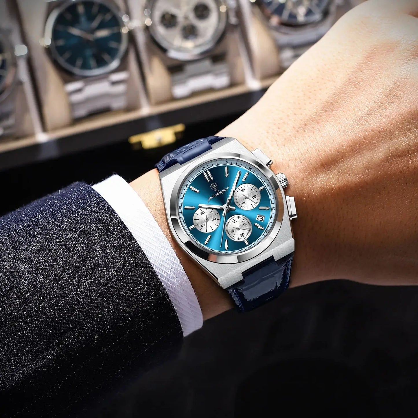 POEDAGAR PRX CHRONOGRAPH PANDA DIAL LEATHER STRAP 40MM